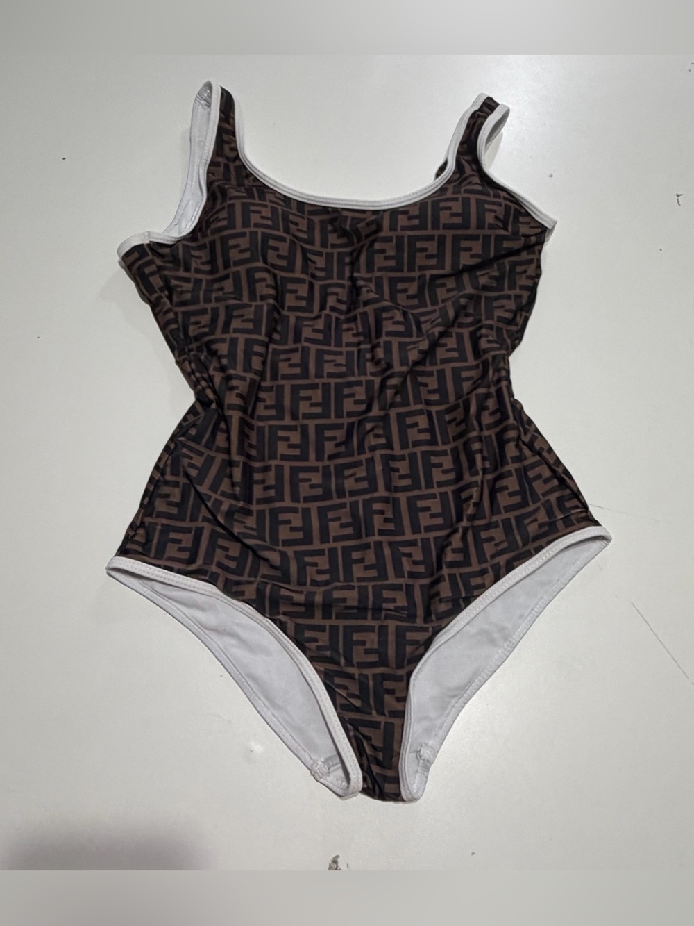 Fendi monogram Brown FF Logo One-Piece Swimsuit with White Trim